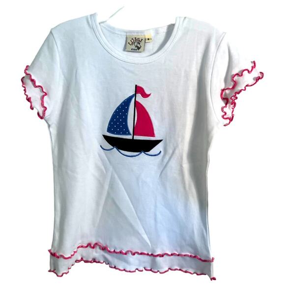Luigi Kids sailboat t-shirt with ruffled edge hem sleeves appliqué on chest 6 - Picture 1 of 3